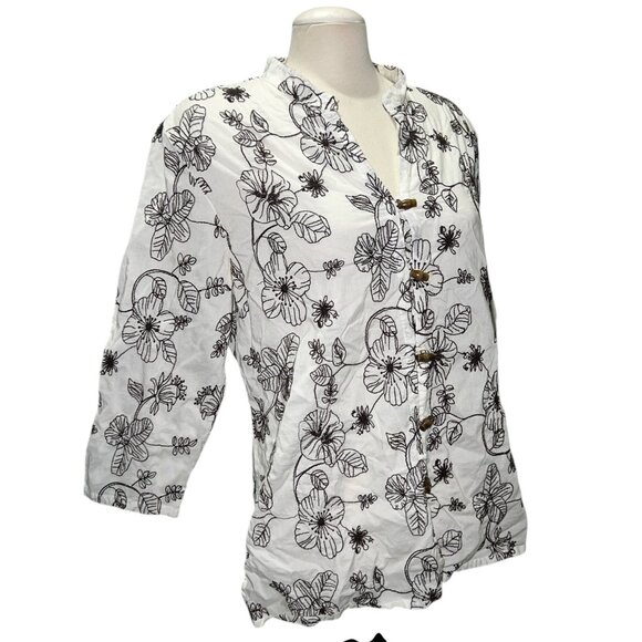 Charter Club Womens White & Black Floral Embroidered Cotton Button-Down Blouse S - Picture 13 of 13